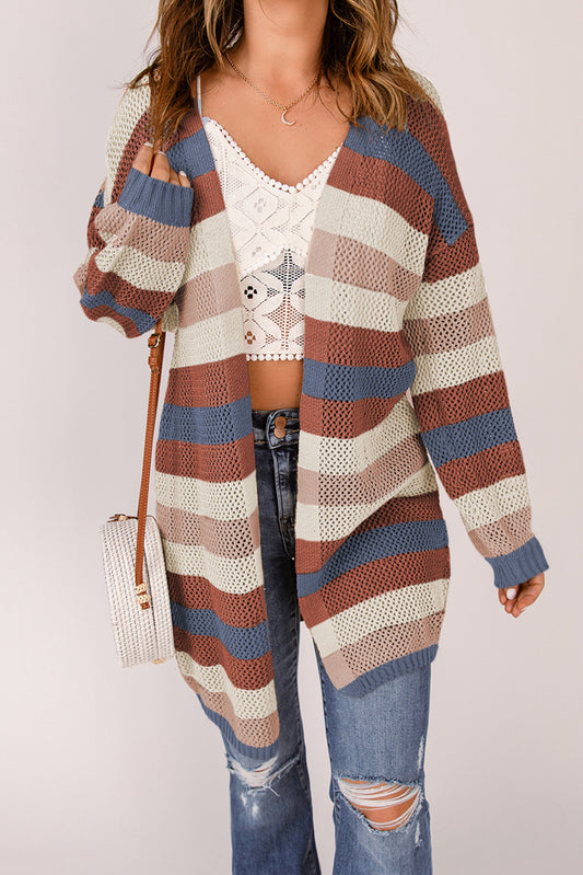 Striped Openwork Open Front Cardigan - Blue/Beige / S