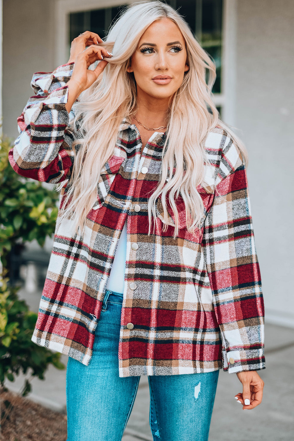 Plaid Button Front Shirt Jacket with Breast Pockets -