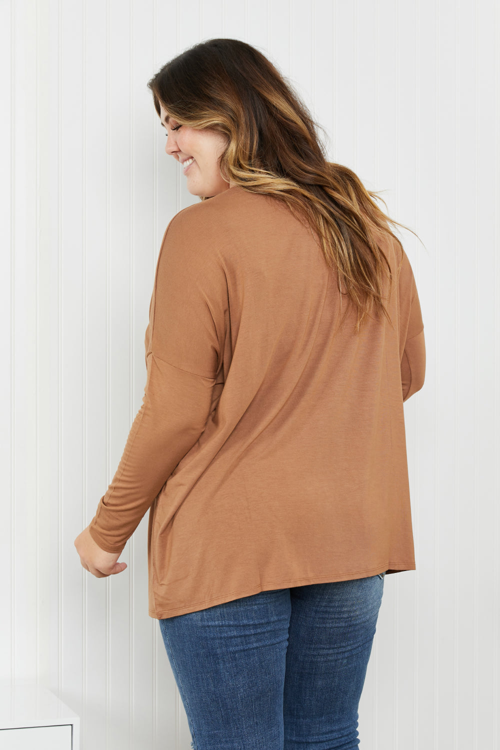 Zenana Full Size Round Neck Dropped Shoulder Tunic Top in Deep Camel -