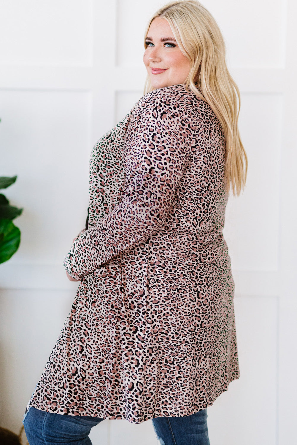 Plus Size Leopard Open Front Cardigan with Pockets -