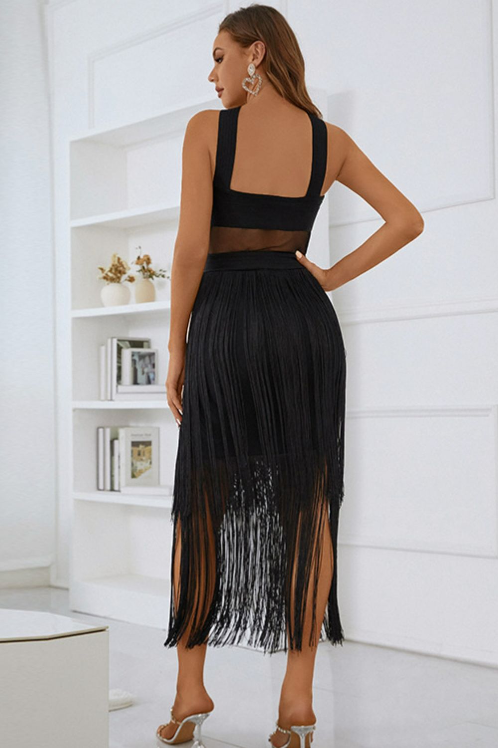 Spliced Mesh Fringe Hem Sleeveless Dress -