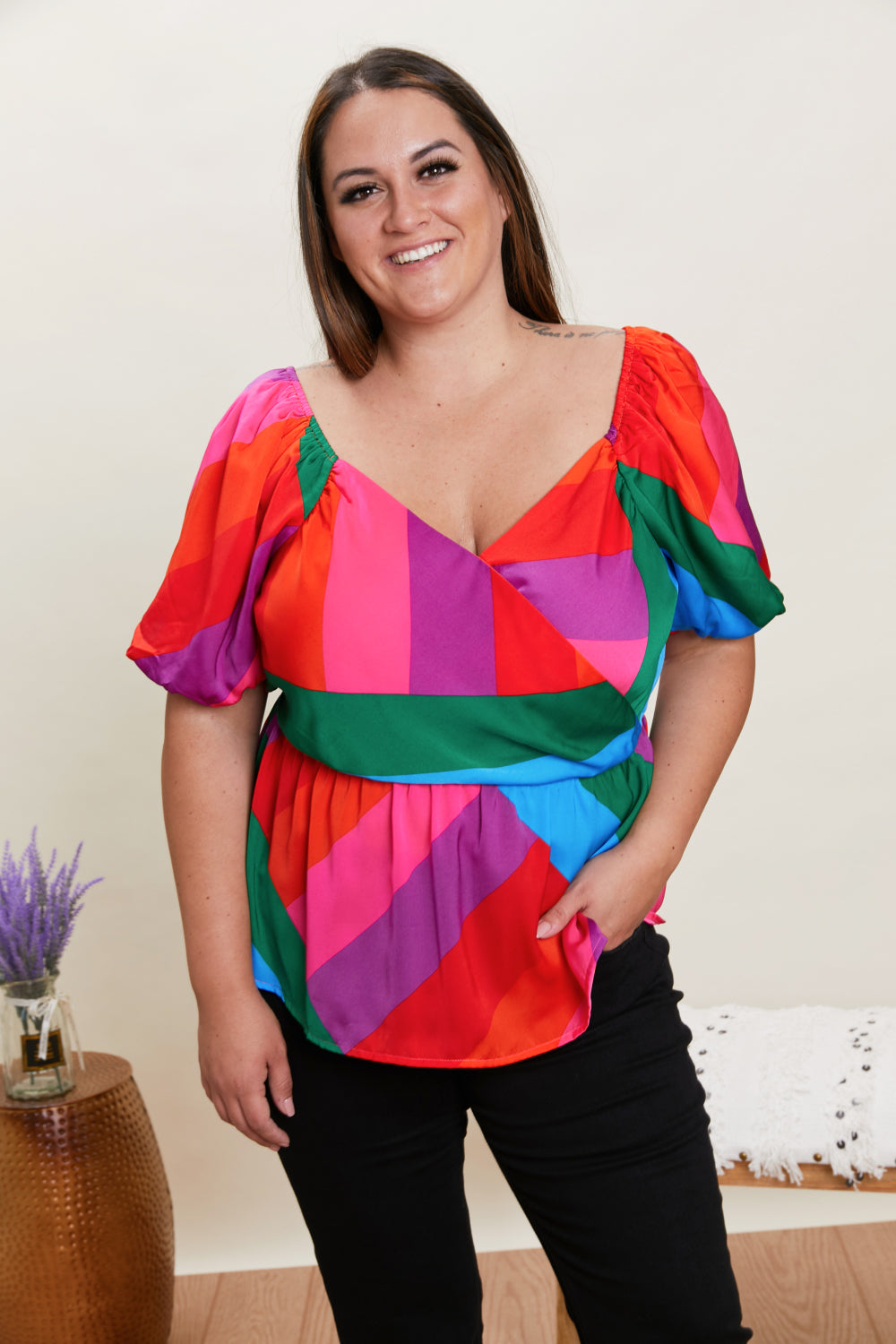 Skies Are Blue Colorful Day Color Block Peplum Top -