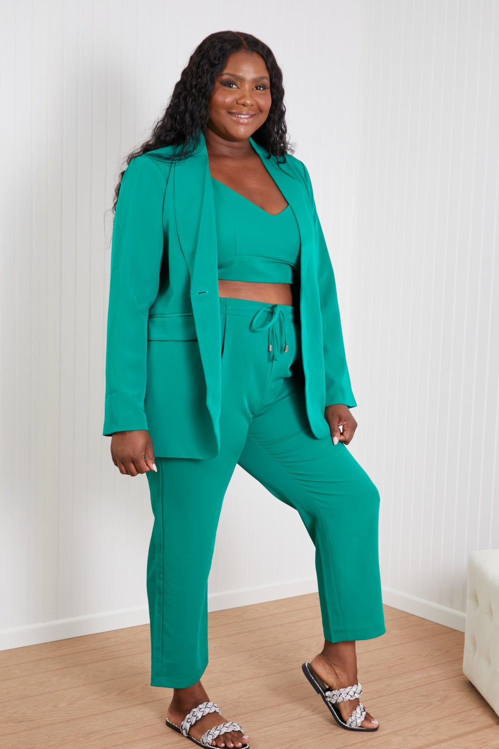 GeeGee Wall Street Bra, Blazer, and Pants Set in Kelly Green -