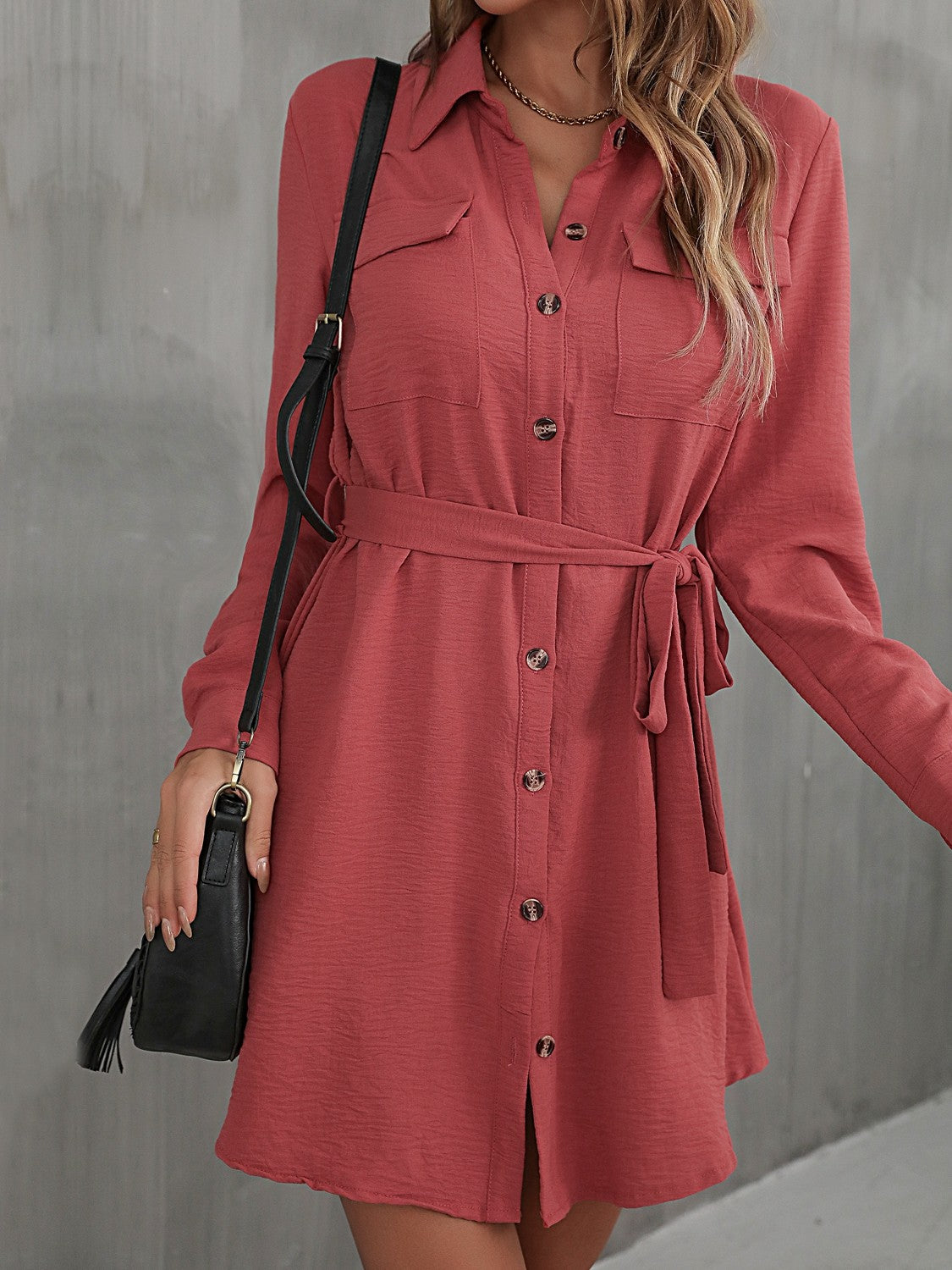 Button Down Belted Long Sleeve Shirt Dress -