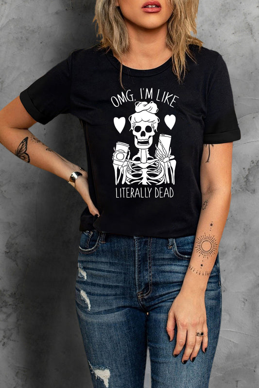 Halloween Skeleton Graphic Round Neck Tee -