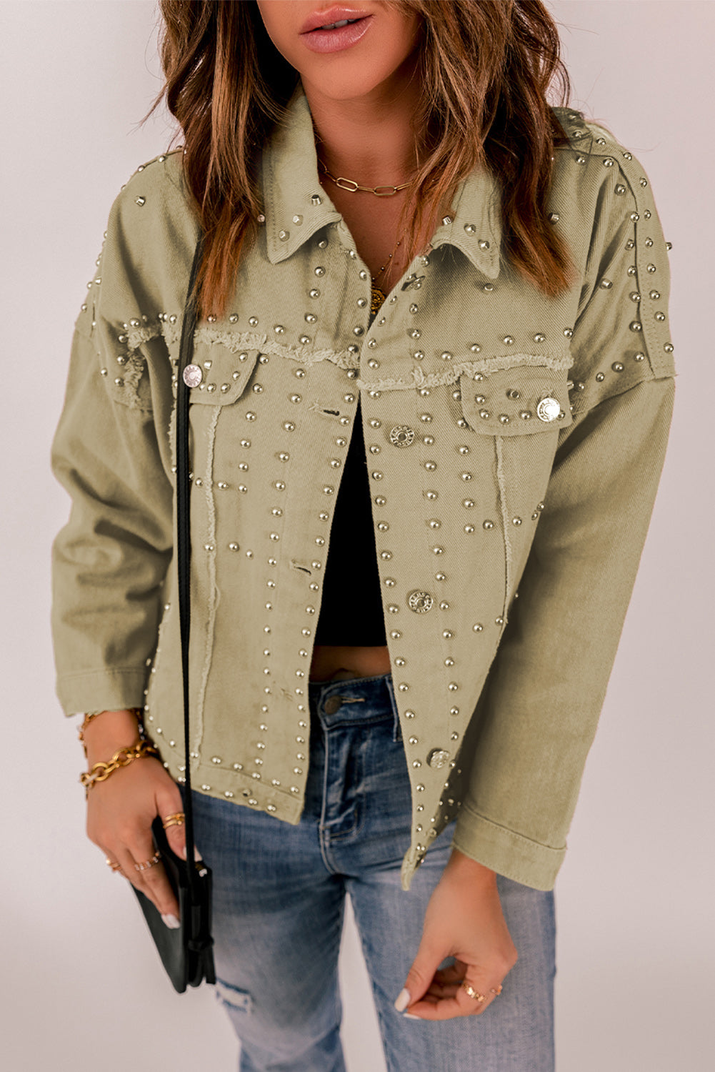 Frayed Trim Rivet Denim Jacket - Khaki / S