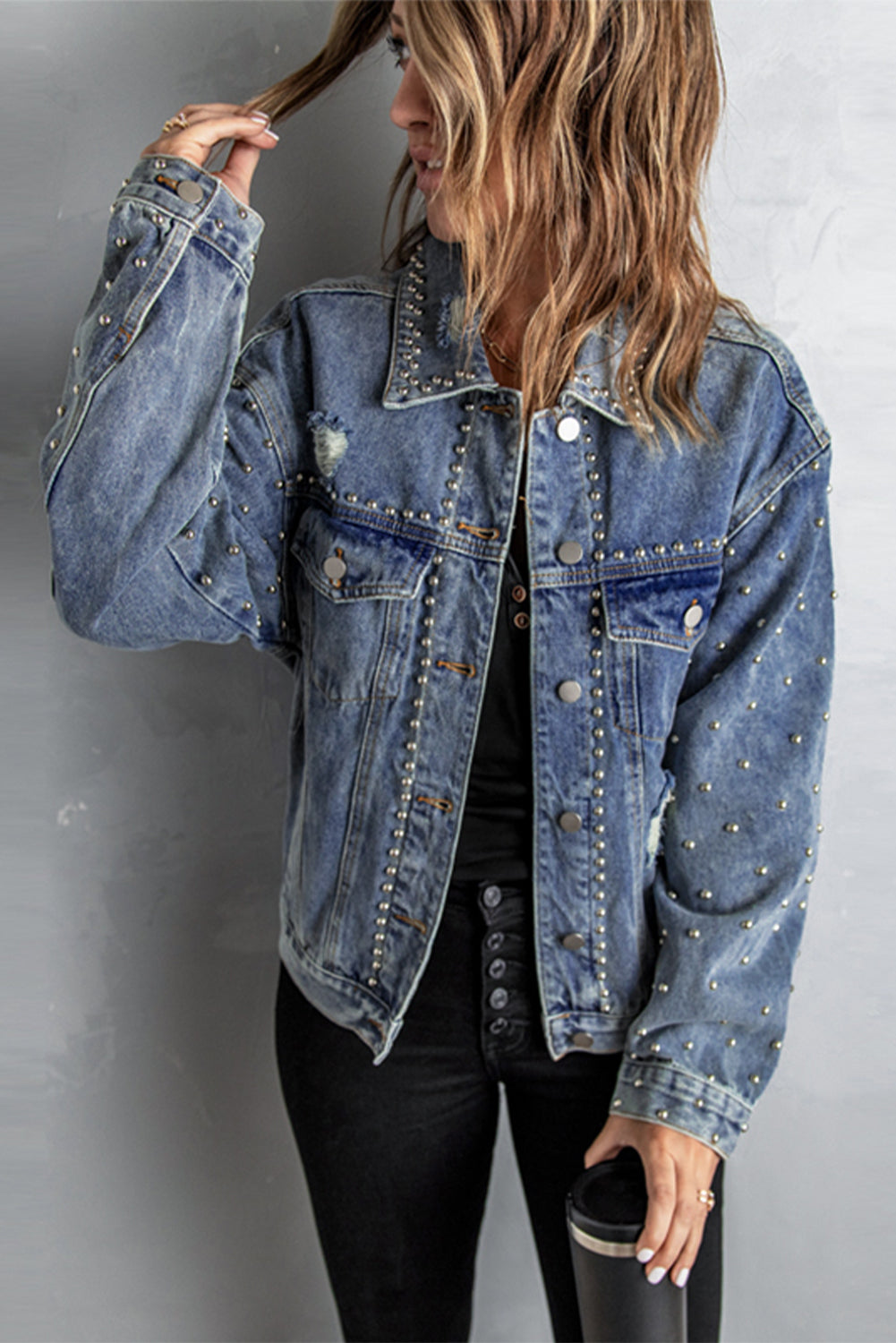 Studded Button Down Denim Jacket -