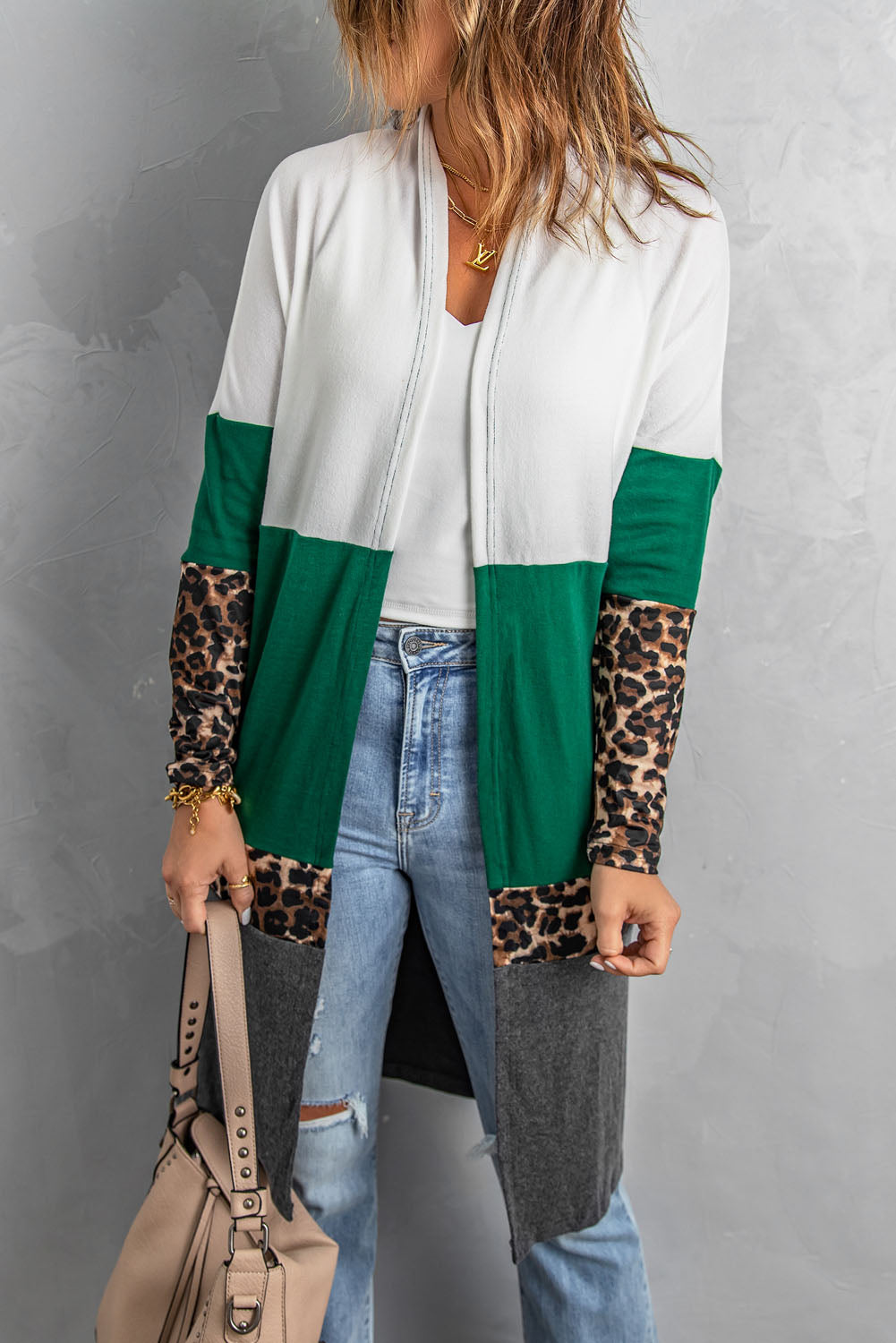 Leopard Color Block Open Front Longline Cardigan -