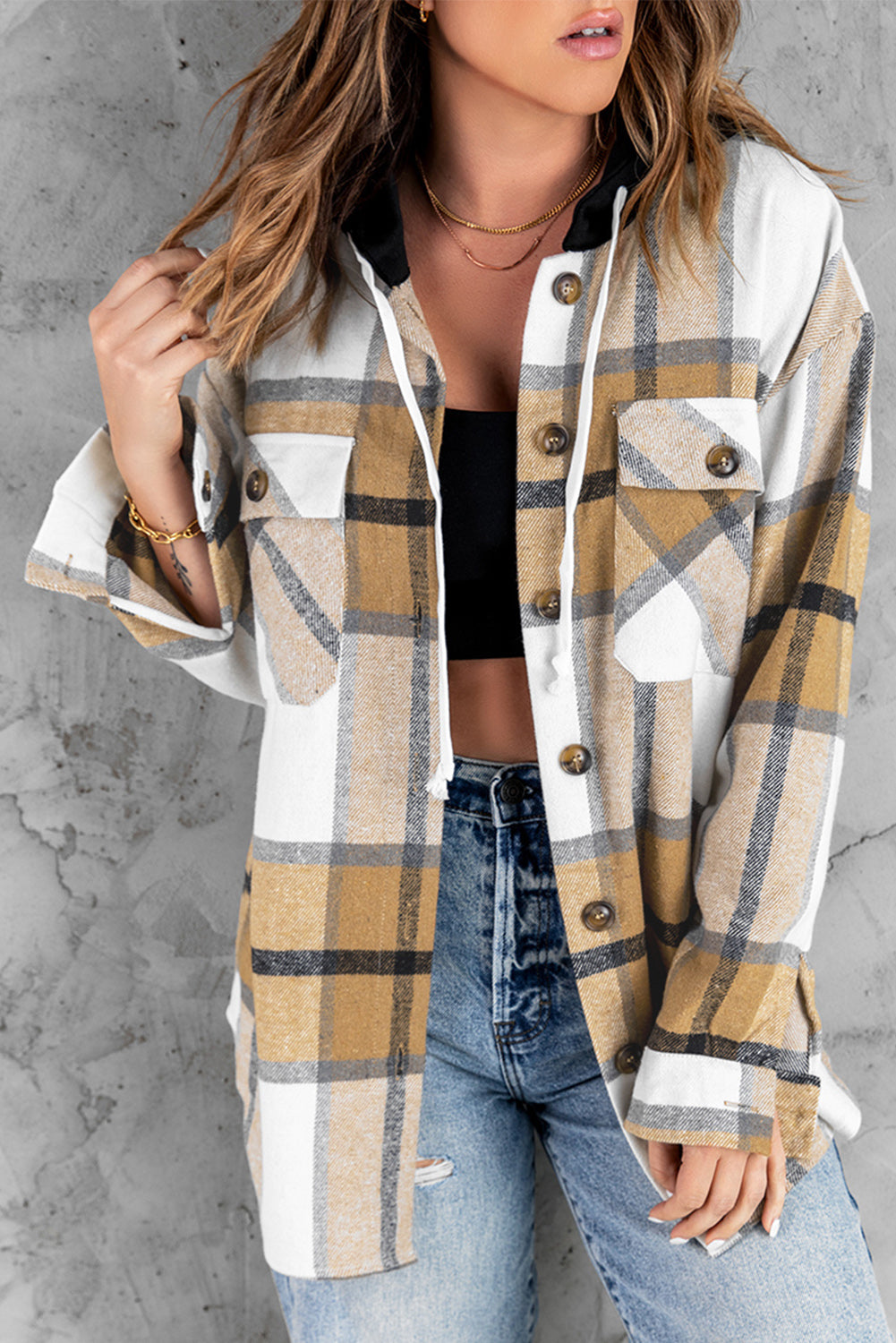 Plaid Button Down Hooded Shirt Jacket with Breast Pockets -