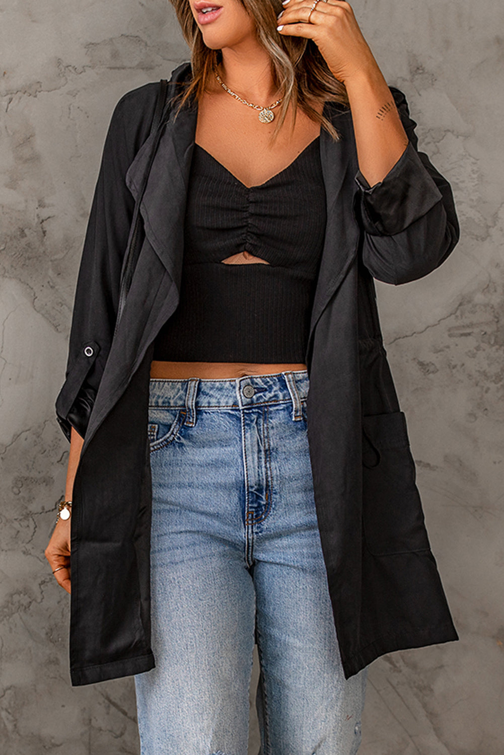 Drawstring Hooded Longline Jacket -