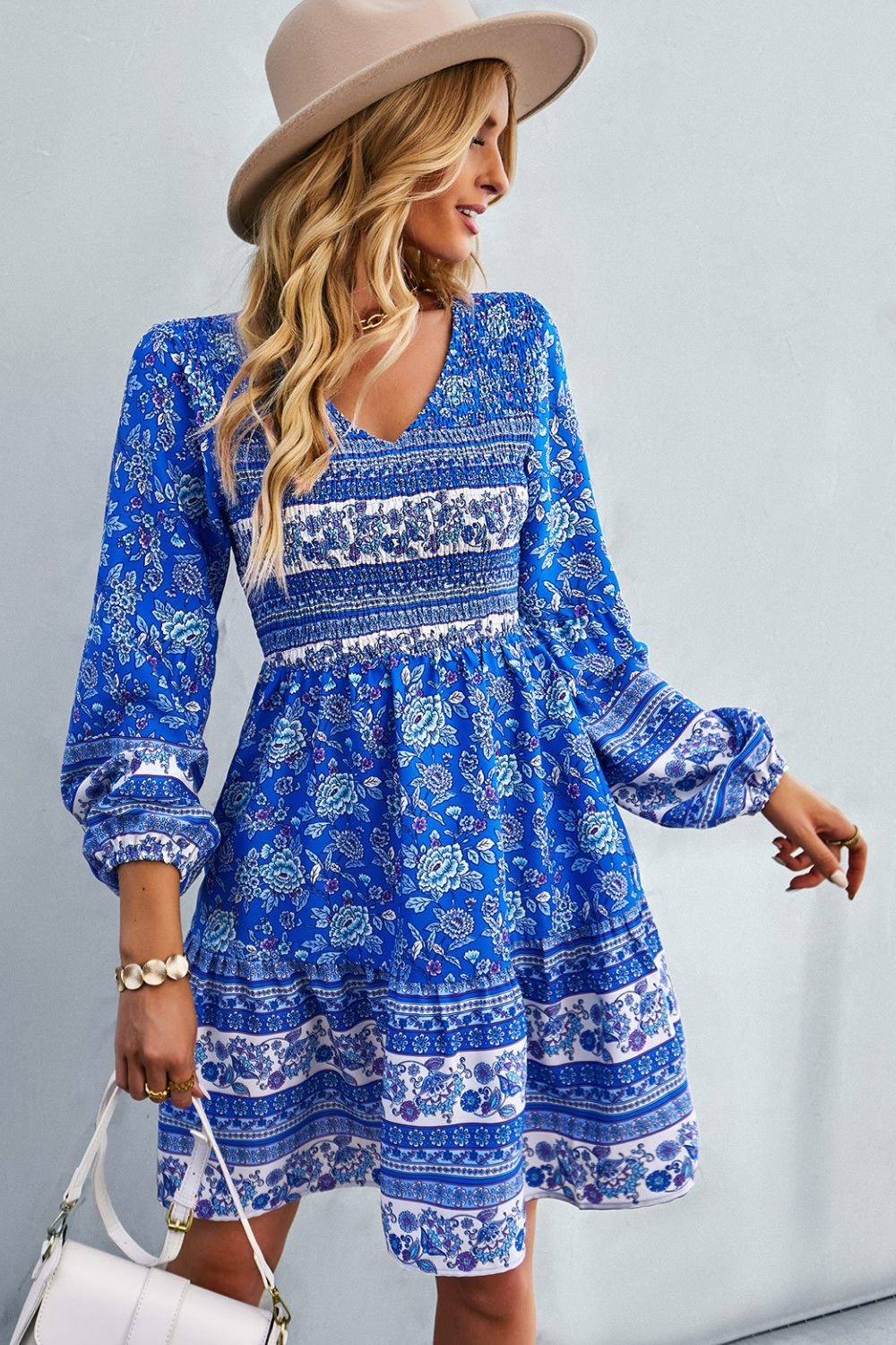 Bohemian V-Neck Balloon Sleeve Dress -