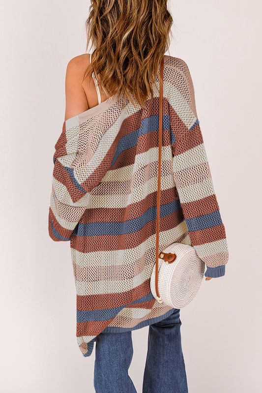 Striped Openwork Open Front Cardigan -