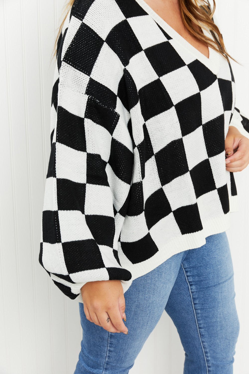 Davi & Dani Reality Check Full Size Checkered V-Neck Sweater -