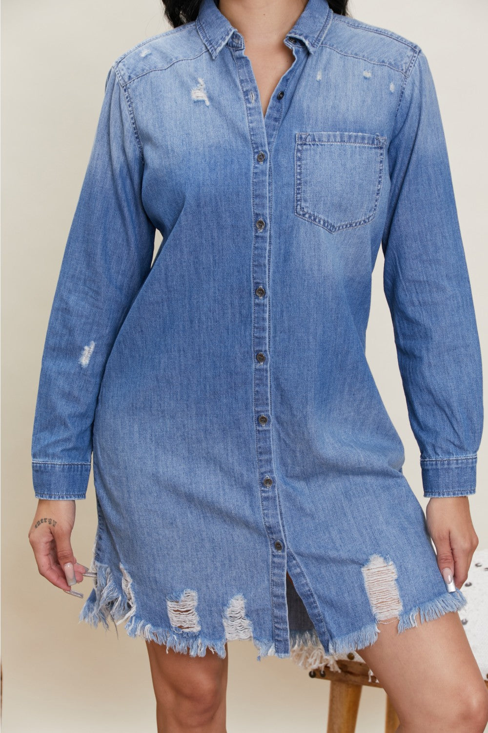 SneakPeek Retro Vibes Distressed Denim Shirt Dress -