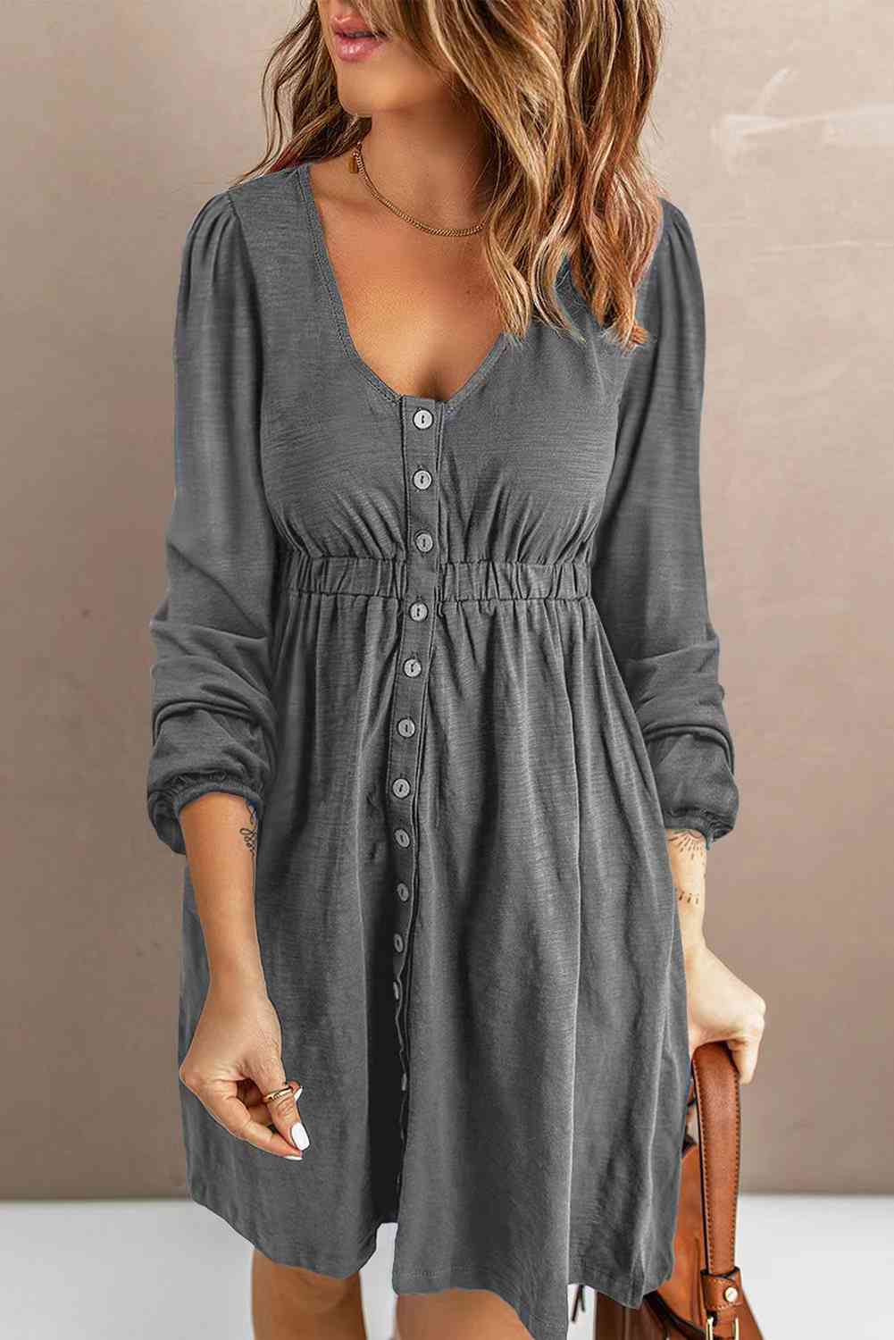 Scoop Neck Empire Waist Long Sleeve Mini Dress -