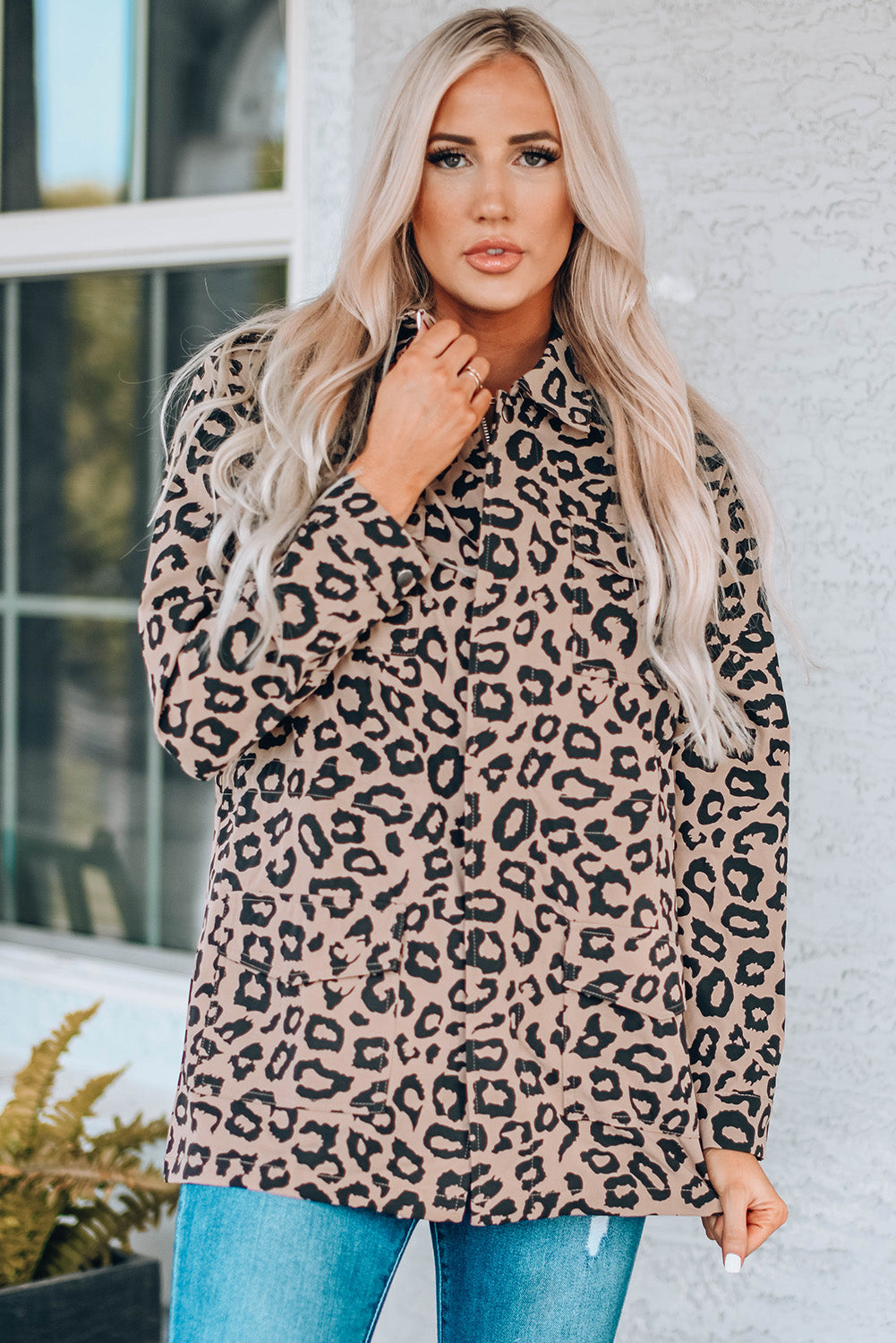 Leopard Drawstring Waist Jacket with Pockets -