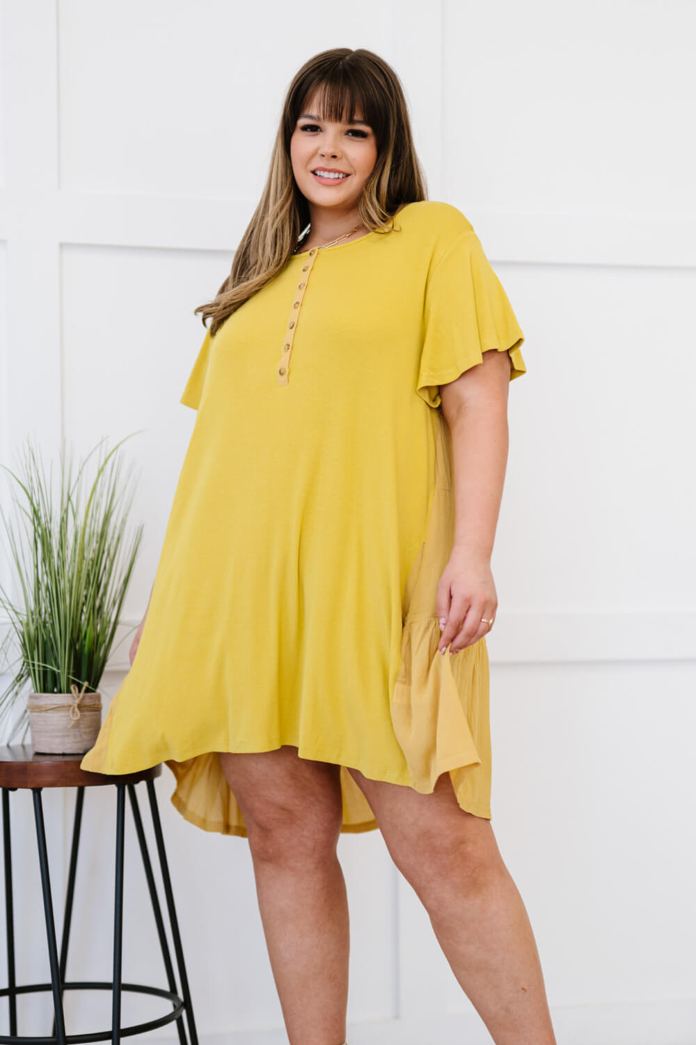 Davi & Dani Greater Good Half-Button Mini Dress - Mustard / S