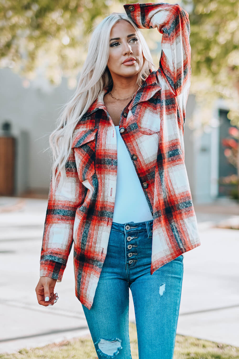 Plaid Button Up Shirt Jacket with Pockets -