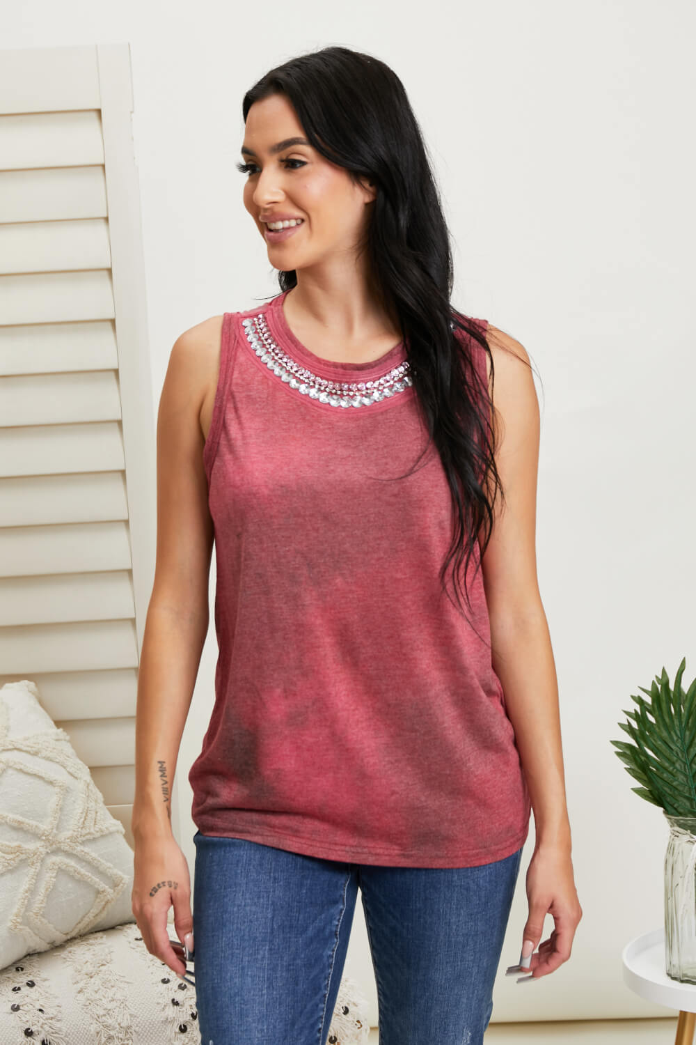 Vocal Finest Hour Acid Wash Rhinestone Neckline Tank in Wine -