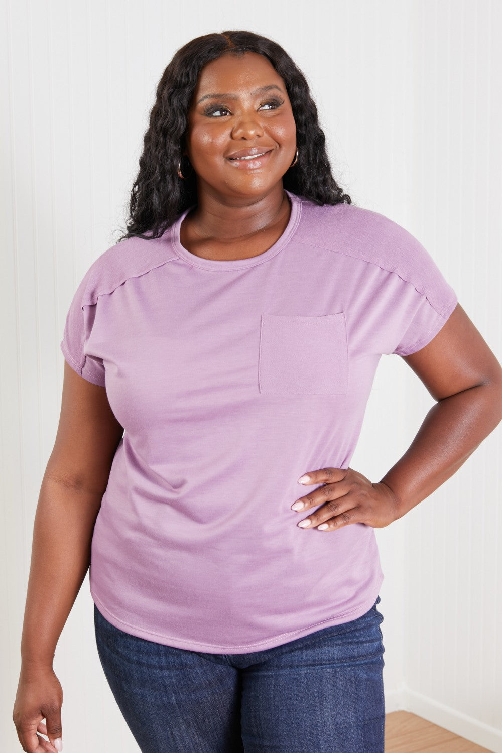 Sew In Love Stay and Chat Love Pocket Tee in Plum -