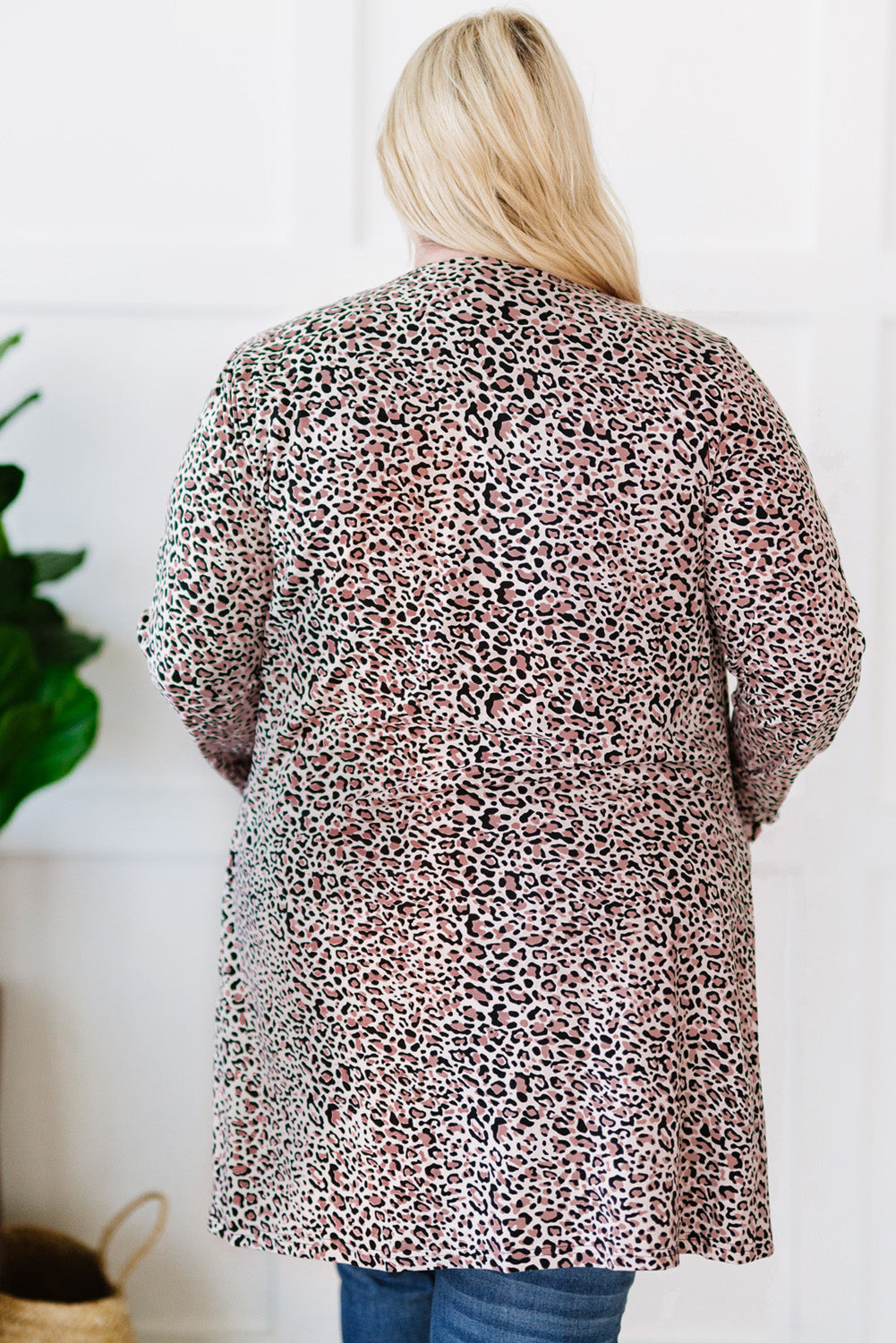 Plus Size Leopard Open Front Cardigan with Pockets -