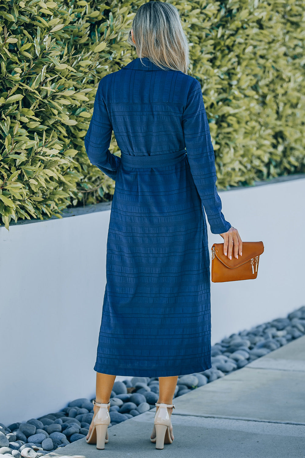 Button Front Textured Slit Shirt Dress with Belt -