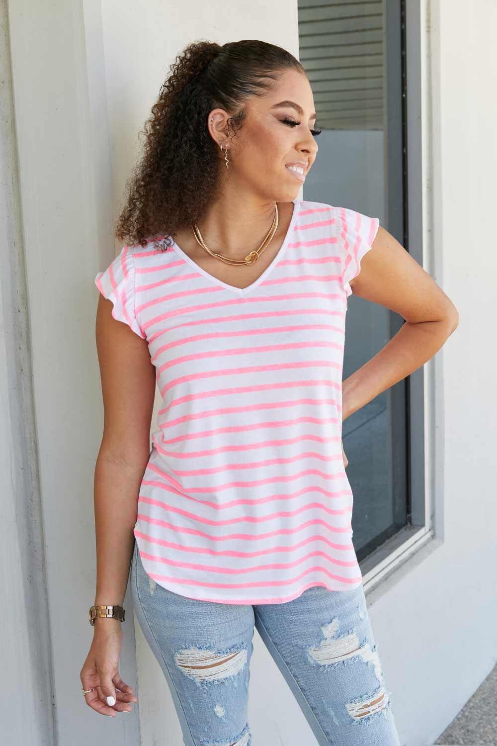 Sew In Love Illuminate the Way Striped Tee in Neon Pink -