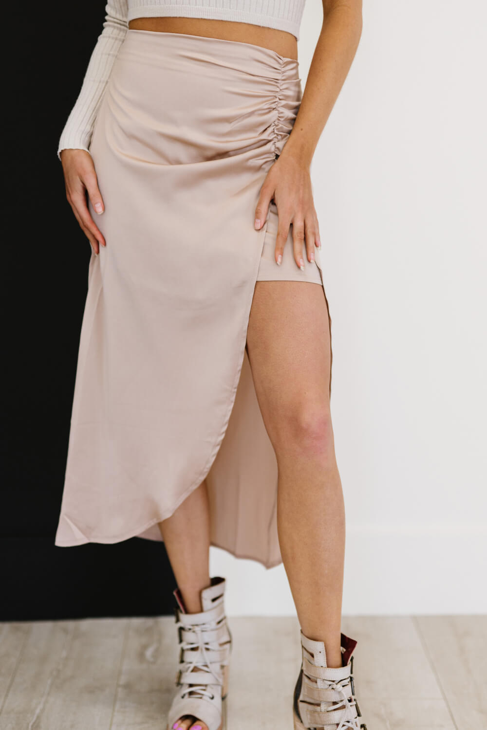 HYFVE Glam It Up Ruched Satin Tulip Hem Skirt -