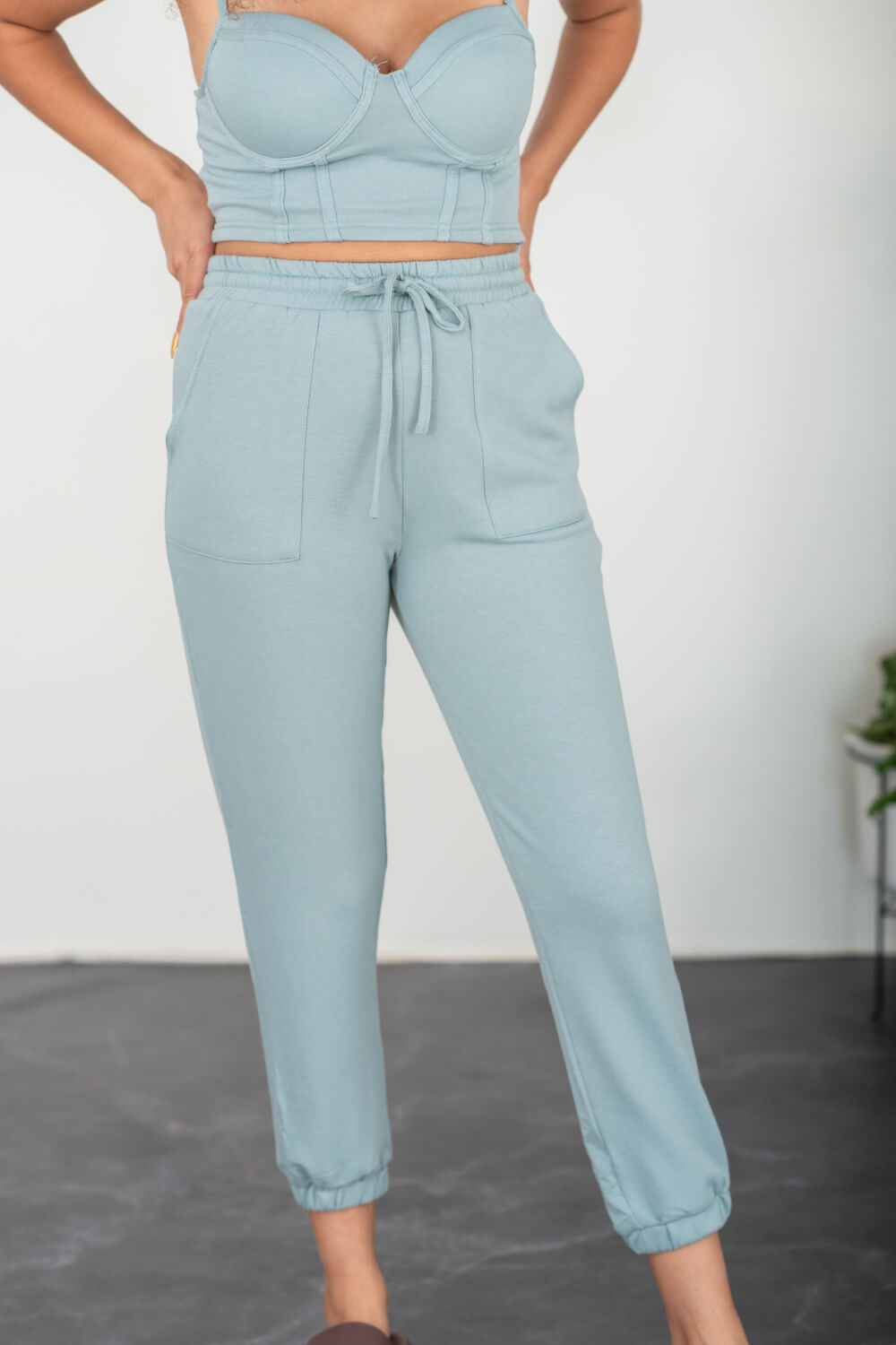 SHOPIRISBASIC Let's Do This Bustier and Joggers Lounge Set in Sage Green -