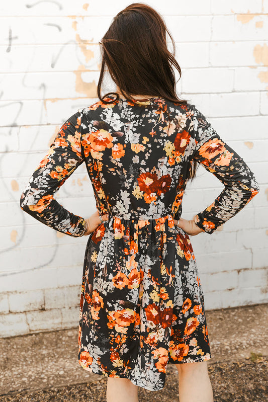 Floral Print Scoop Neck Long Sleeve Dress -