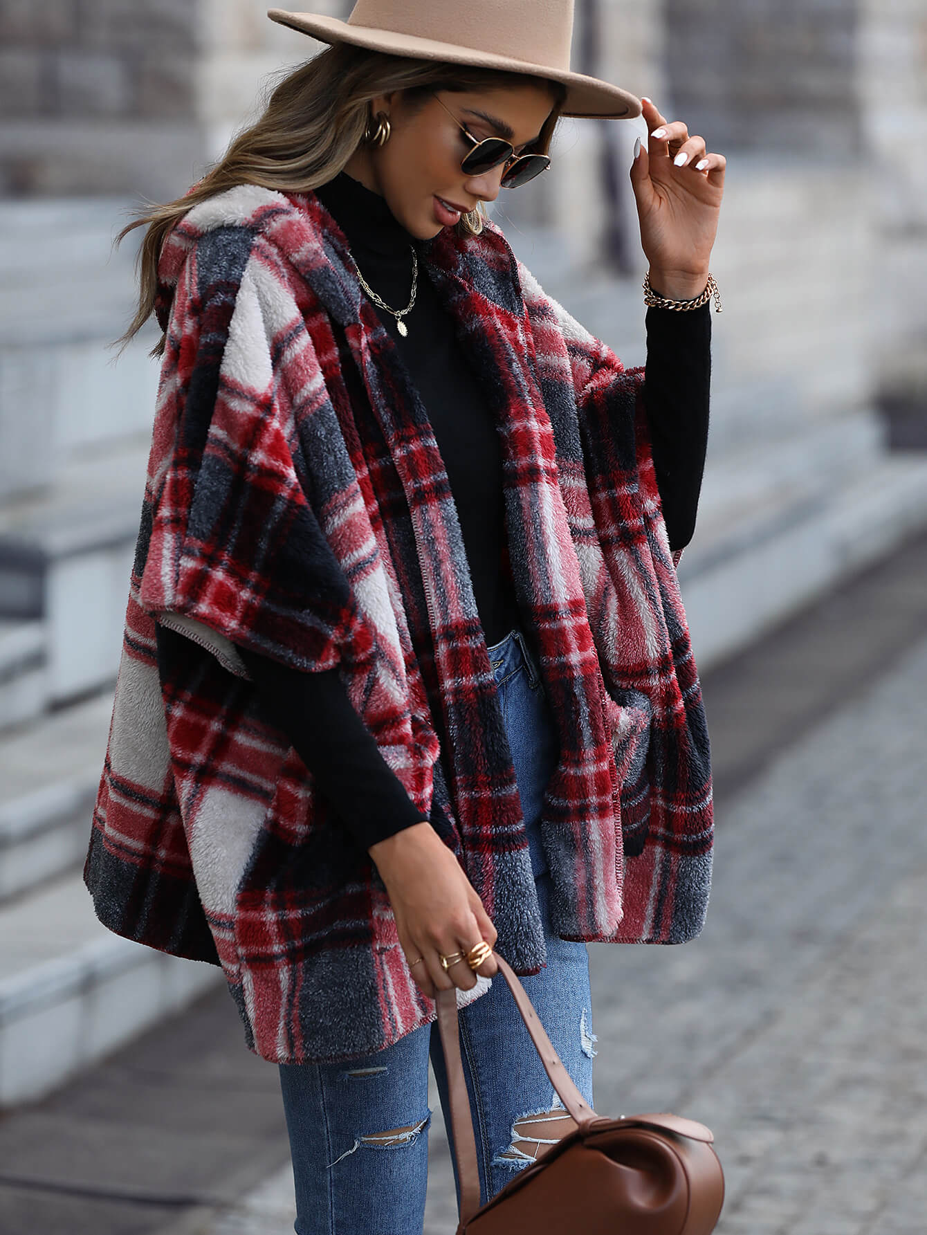 Plaid Half Sleeve Open Front Hooded Fleece Jacket -