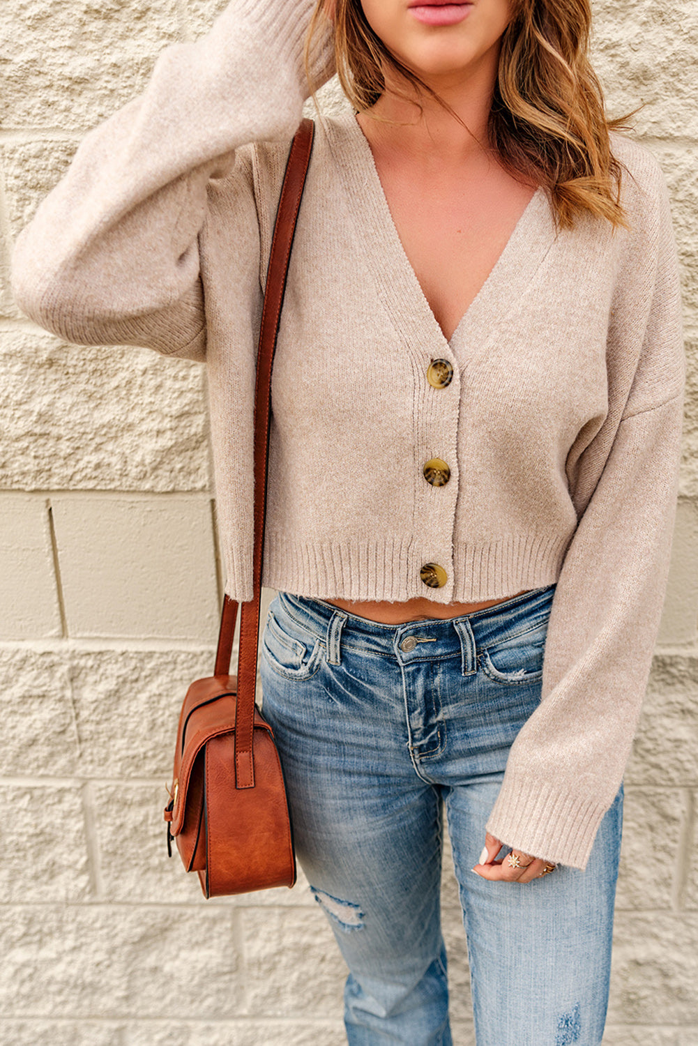 Button Down V-Neck Cropped Cardigan -