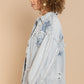 POL Star Patch Distressed Fringe Button-Up Denim Jacket in Light Denim -