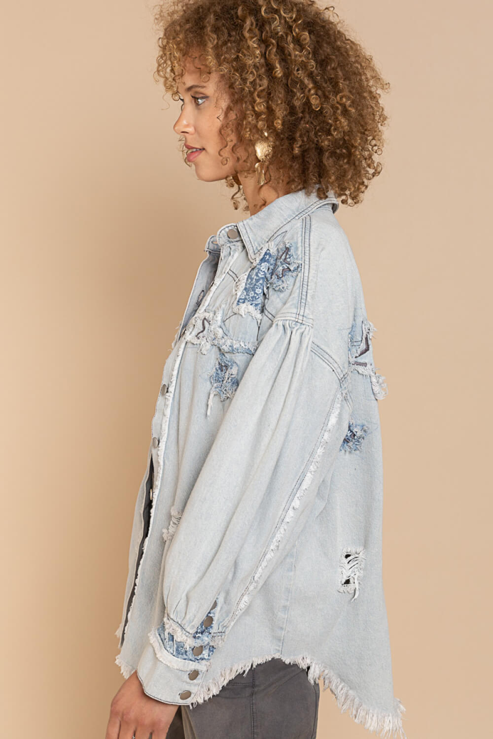 POL Star Patch Distressed Fringe Button-Up Denim Jacket in Light Denim -