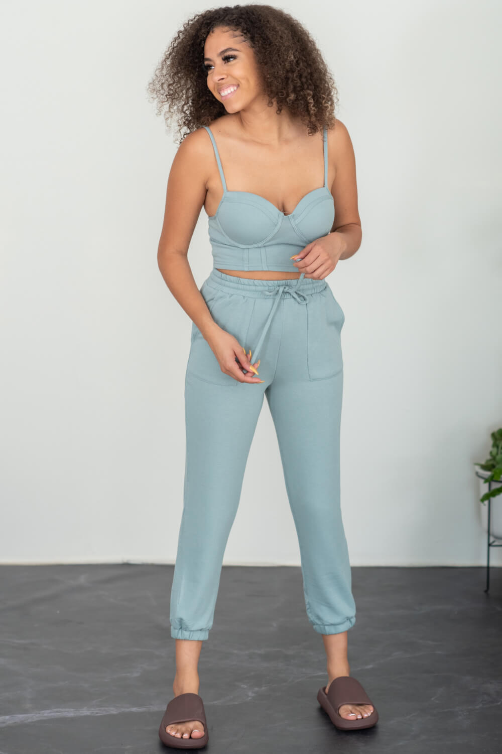 SHOPIRISBASIC Let's Do This Bustier and Joggers Lounge Set in Sage Green -