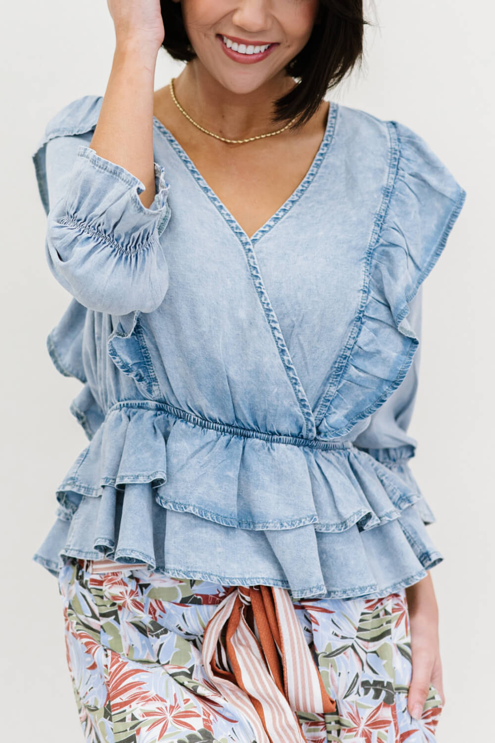 Doe & Rae Miss You Denim Ruffle Peplum Top -