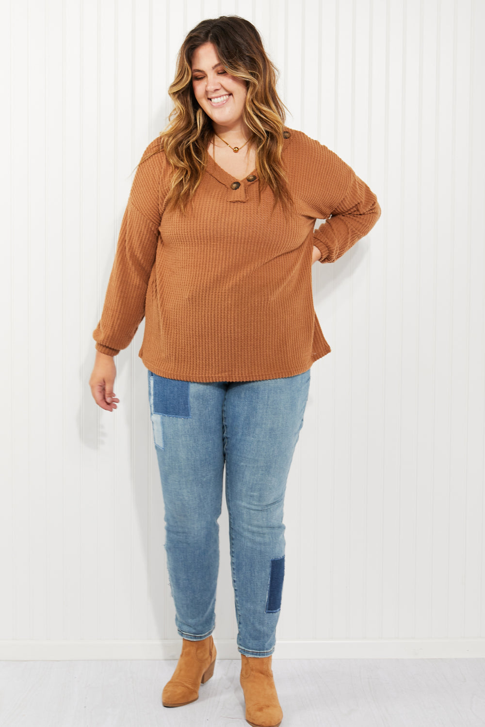 Zenana Apple Dumplings Full Size Brushed Waffle Knit Henley in Deep Camel -