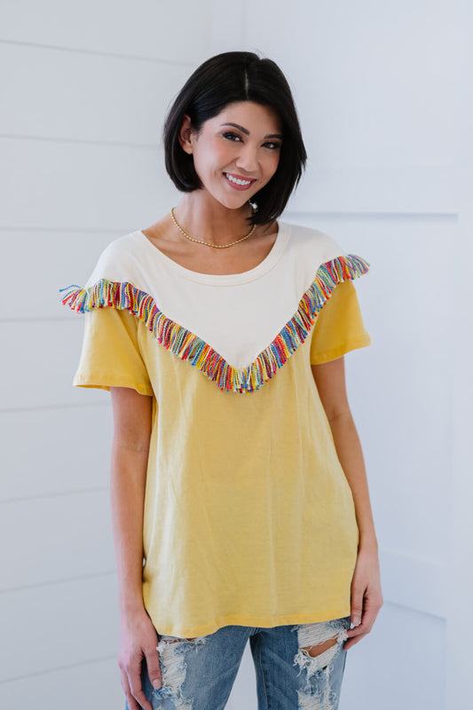 BiBi Saddle Up Fringe Detail Tee in Yellow - Cream/Banana / S