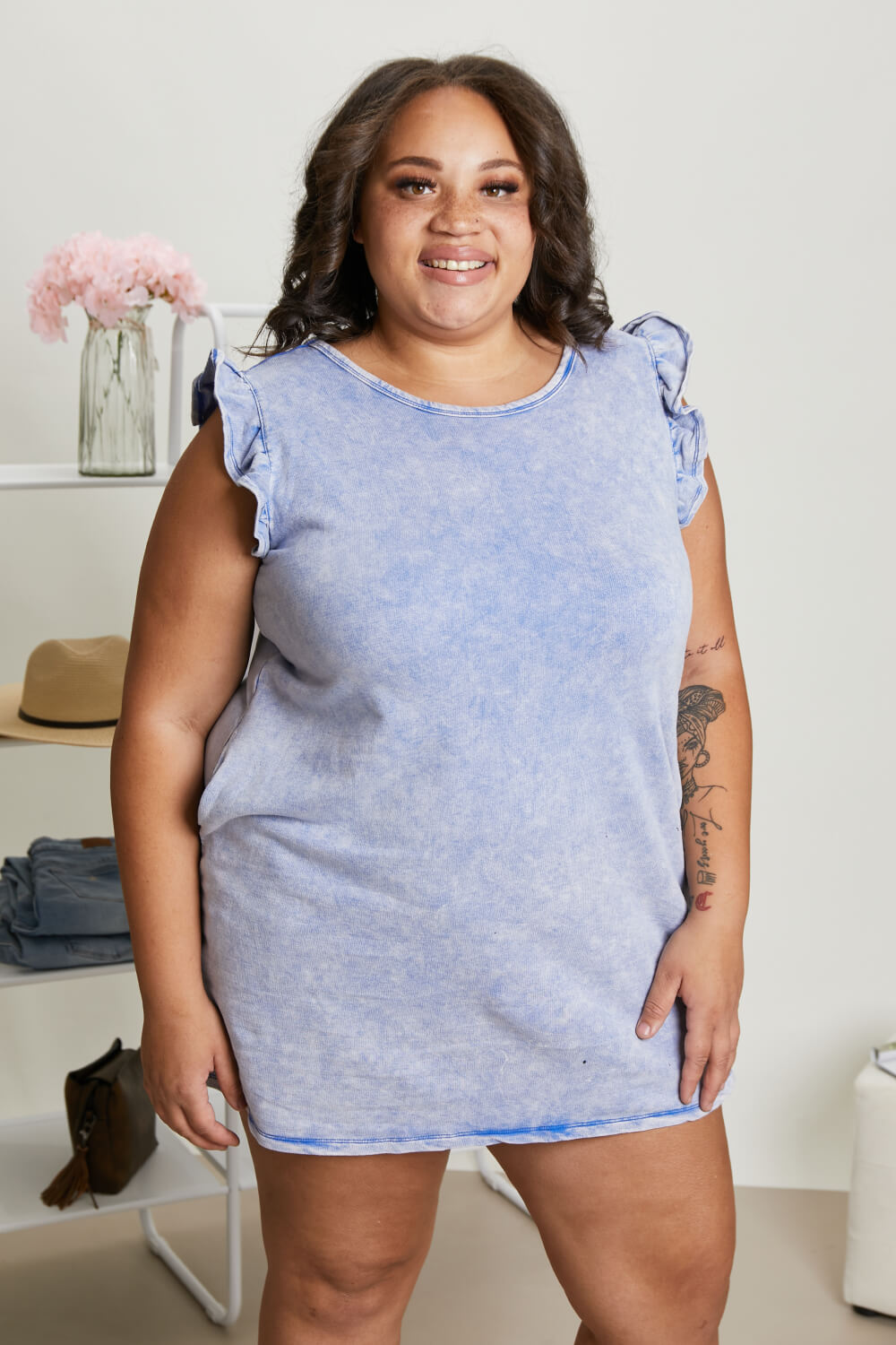 Sew In Love Cascade Springs Full Size Acid Wash Dress in Denim - Denim / S