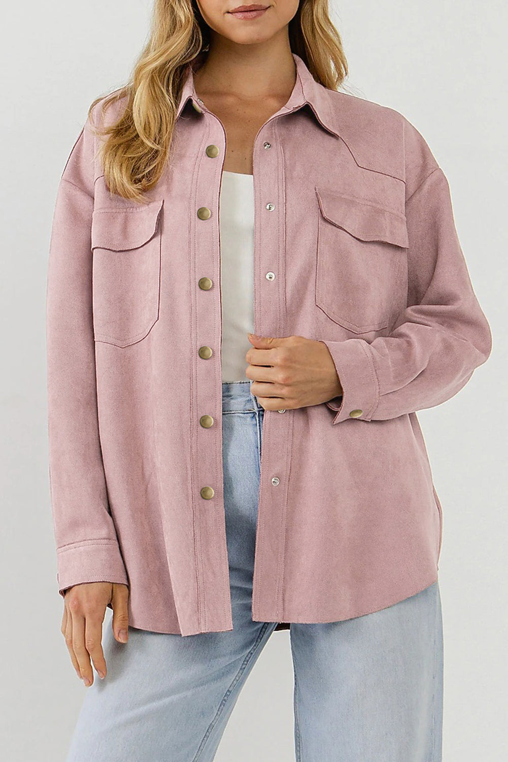 Suede Snap Front Dropped Shoulder Jacket -