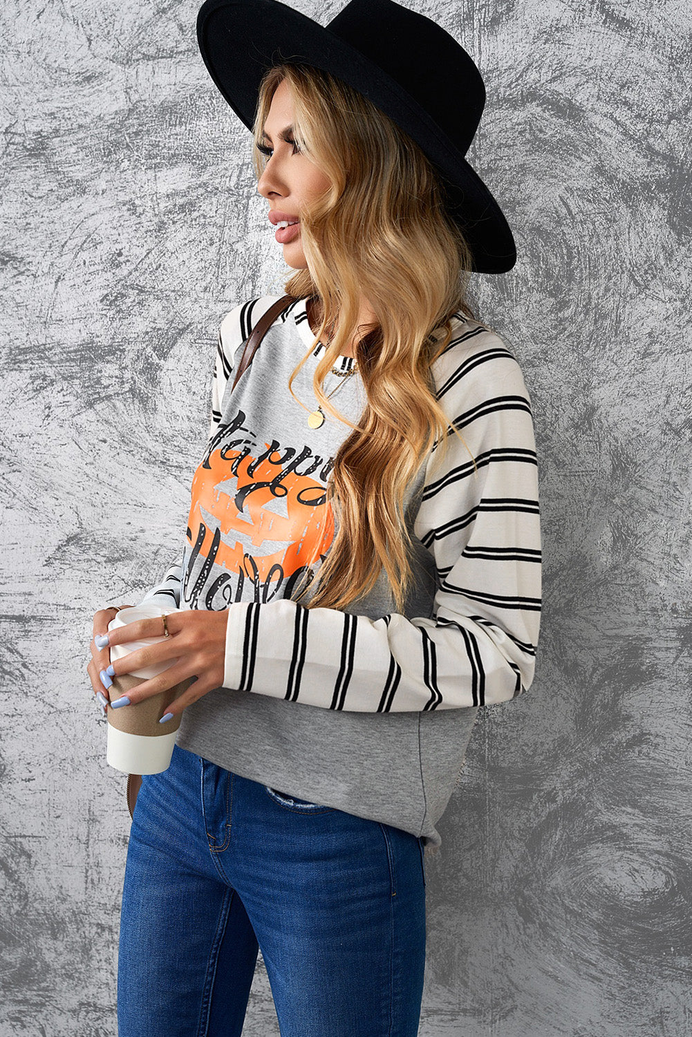 HAPPY HALLOWEEN Striped Long Sleeve Tee -