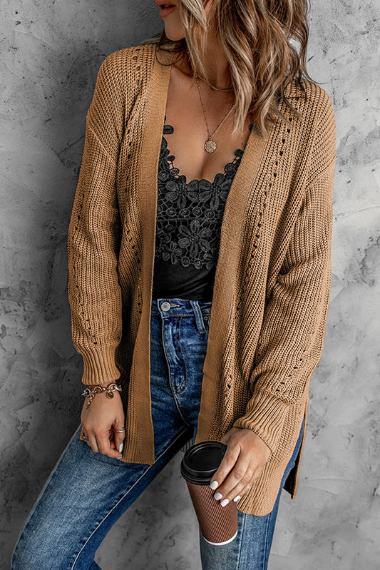 Openwork Rib-Knit Slit Cardigan - Tan / S