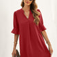 Puff Sleeve Notched Mini Shift Dress - Red / S