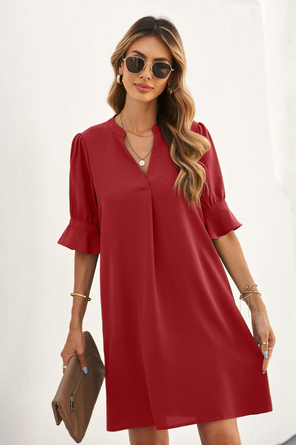 Puff Sleeve Notched Mini Shift Dress - Red / S