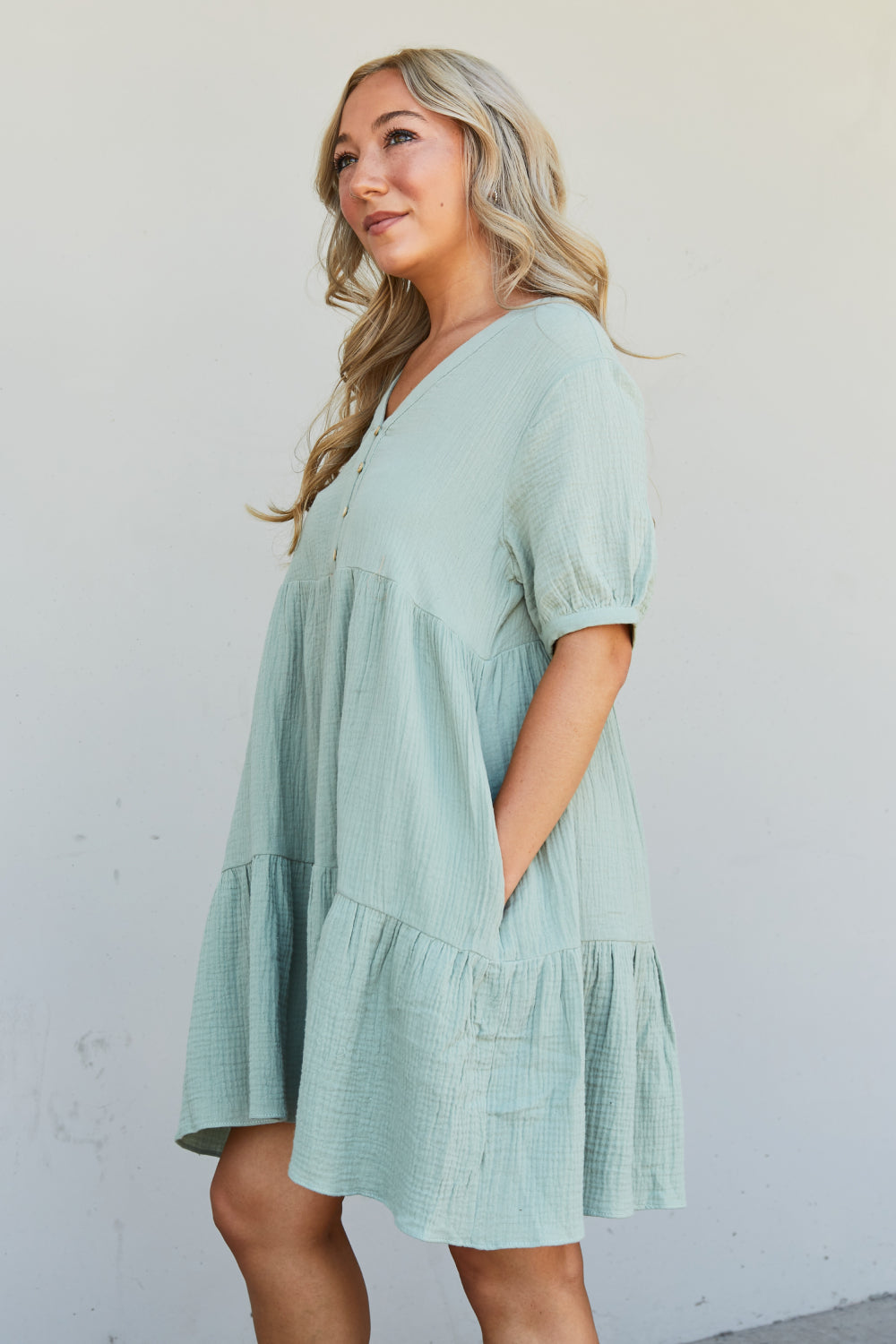 GeeGee Summer Blooms Quarter Button Dress in Light Sage -