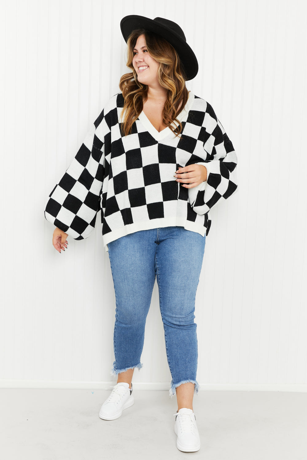 Davi & Dani Reality Check Full Size Checkered V-Neck Sweater -