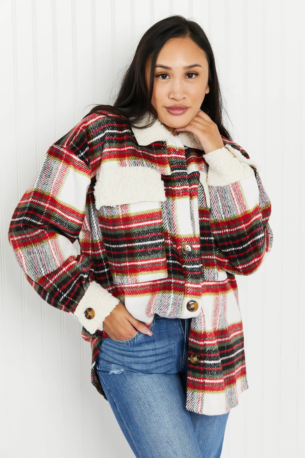 Davi & Dani Fresh Fall Vibes Full Size Plaid Button Down Jacket with Teddy Trim -