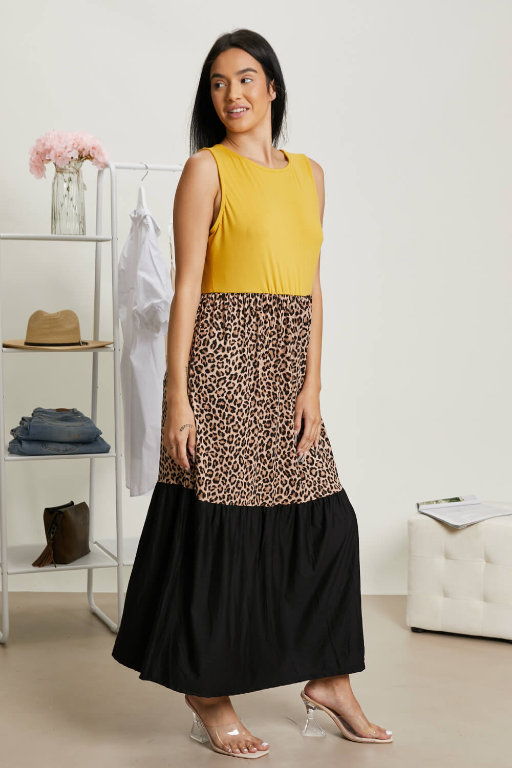 P & Rose Girl Next Door Leopard Color Block Dress in Mustard -