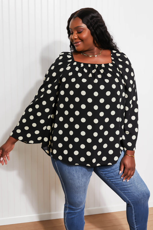 CY Fashion Polka Dot Party Bell Sleeve Blouse - Black / S