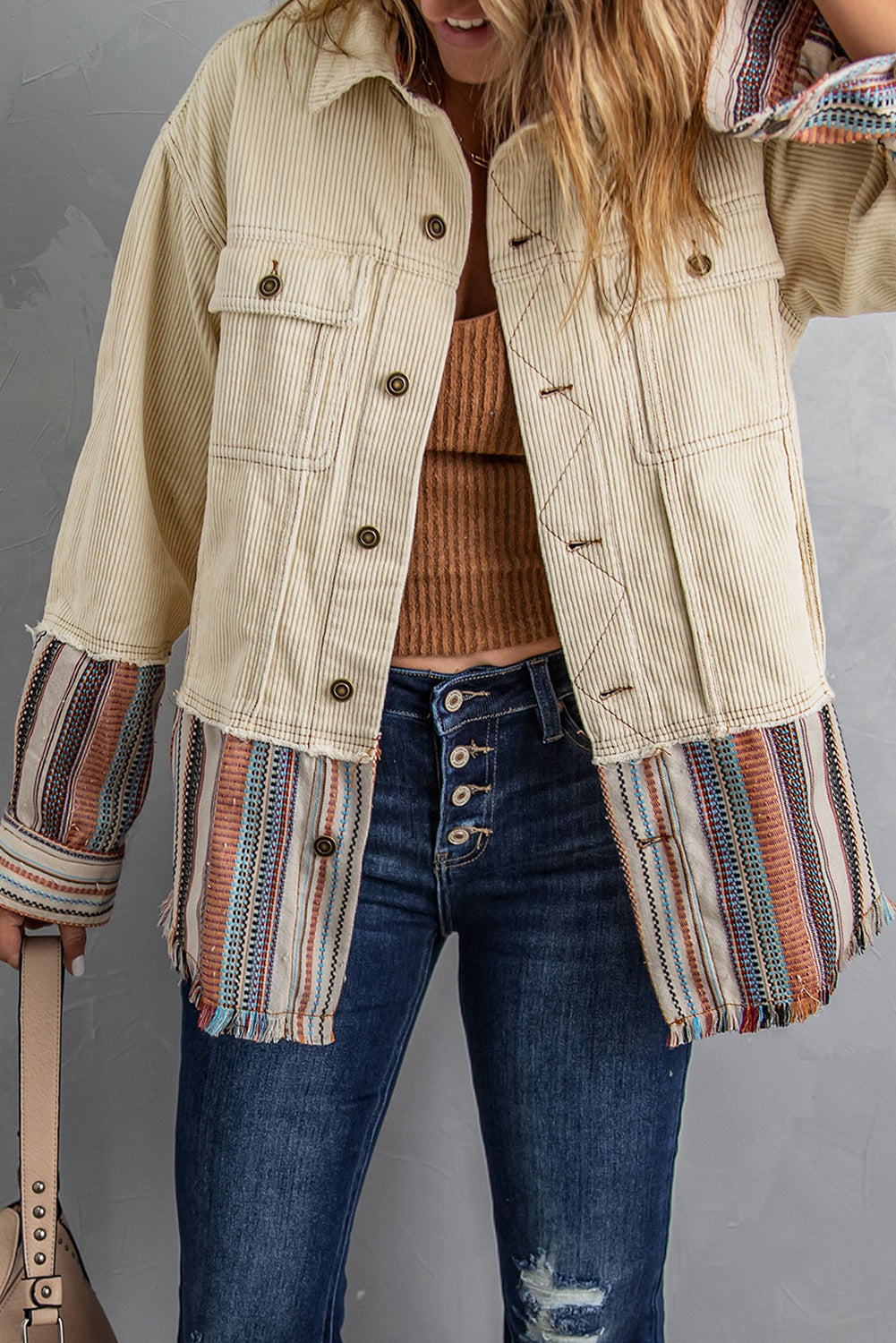 Striped Frayed Hem Corduroy Jacket -